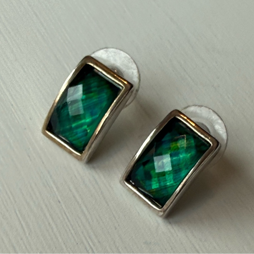 Iridescent Green and Silver Rectangular Stud Earrings